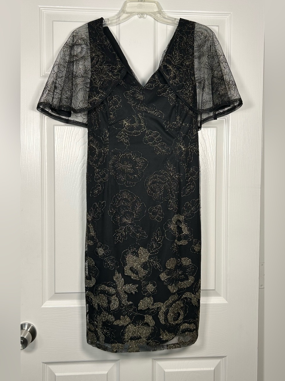 Adrianna Papell Black Party Dress with Gold Floral Overlay Women’s Size 12 Lined